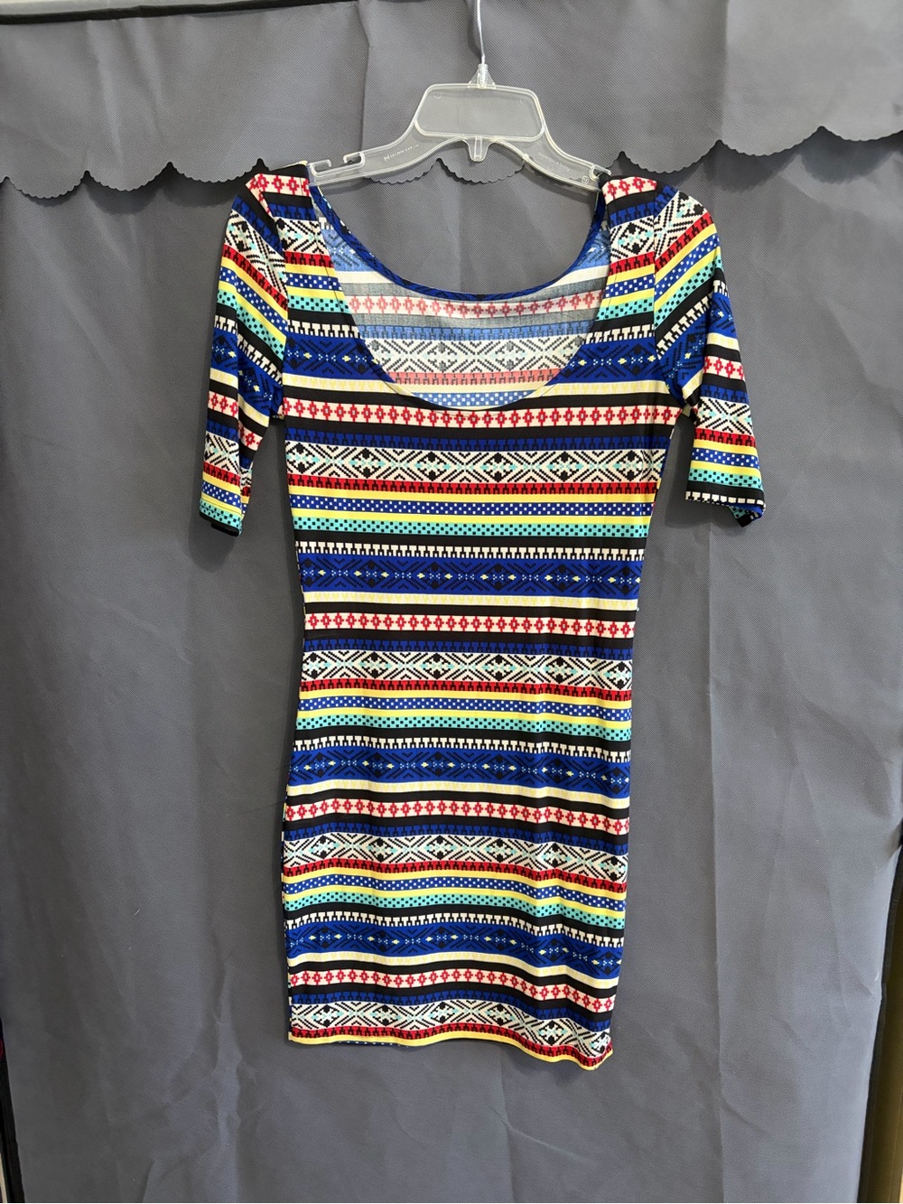 Striped Tribal Scoop Neck Mini Dress in Blue Multi